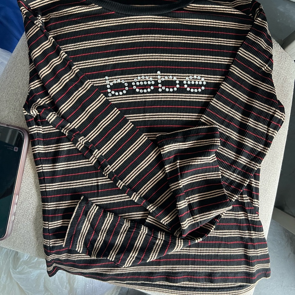 bebe Black and Red Striped Long Sleeve Tee